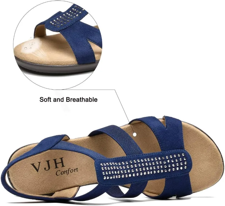 VJH confort Women's Comfort Flat Sandals Summer,with Rhinestone Open Toe Elastic Slip On Slingback Casual Walking Low Heele Sandals