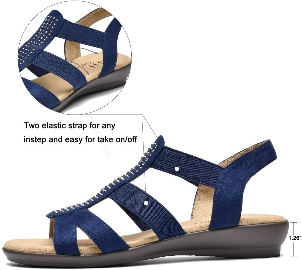 VJH confort Women's Comfort Flat Sandals Summer,with Rhinestone Open Toe Elastic Slip On Slingback Casual Walking Low Heele Sandals