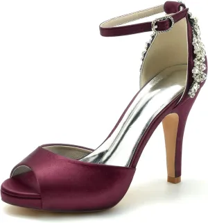 VULTRO Womens Ladies Platform High Heel Peep Toe Ankle Strap Satin Wedding Party Bridal Shoes