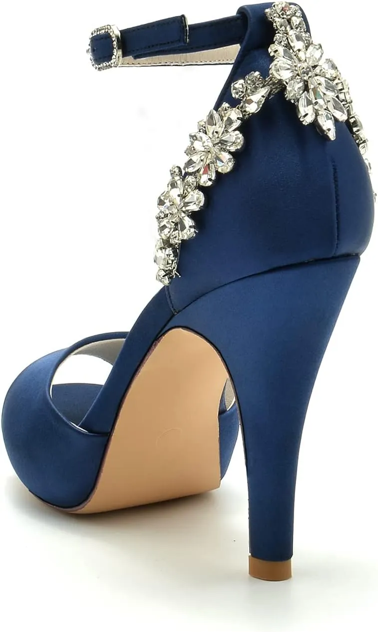 VULTRO Womens Ladies Platform High Heel Peep Toe Ankle Strap Satin Wedding Party Bridal Shoes