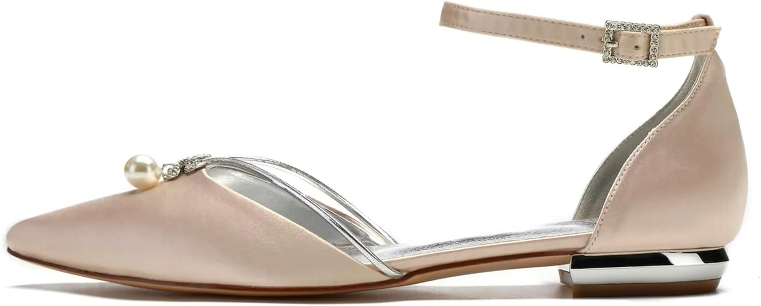 Wedding Shoes Pearl Flats for Women Bridal Shoes Ankle Strap Flats Heel Pointed Toe Satin Elegant