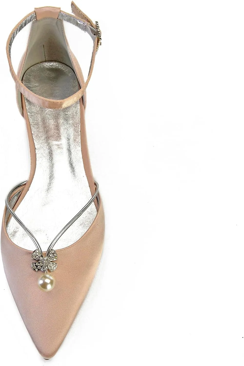 Wedding Shoes Pearl Flats for Women Bridal Shoes Ankle Strap Flats Heel Pointed Toe Satin Elegant