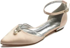 Wedding Shoes Pearl Flats for Women Bridal Shoes Ankle Strap Flats Heel Pointed Toe Satin Elegant