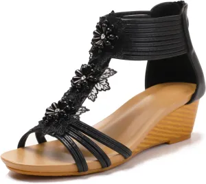Wedge Sandals for Women Summer Open Toe Fashion Dress Shoes Flower Rhinestone Casual Ankle Strap Platform for Walking Beach Vacation Comfortable Dressy Sandals