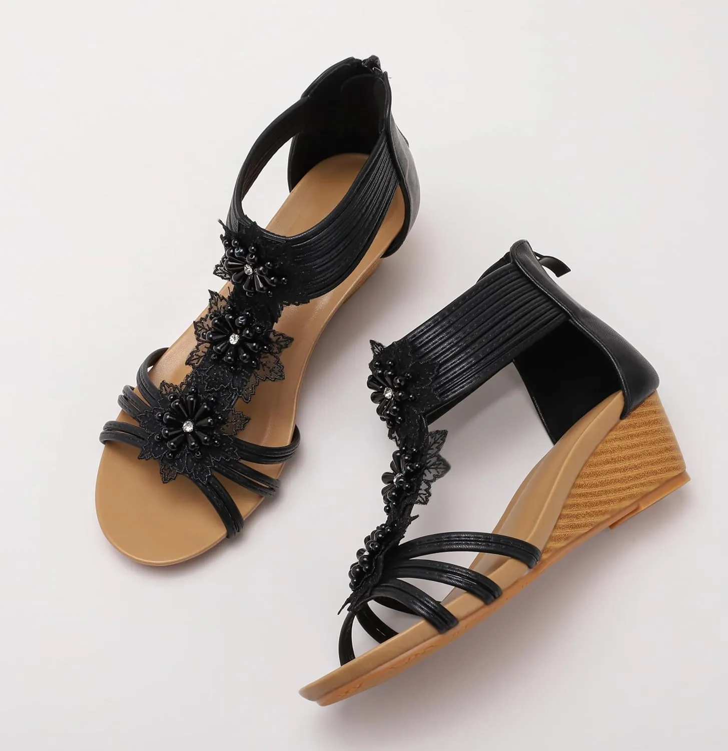 Wedge Sandals for Women Summer Open Toe Fashion Dress Shoes Flower Rhinestone Casual Ankle Strap Platform for Walking Beach Vacation Comfortable Dressy Sandals
