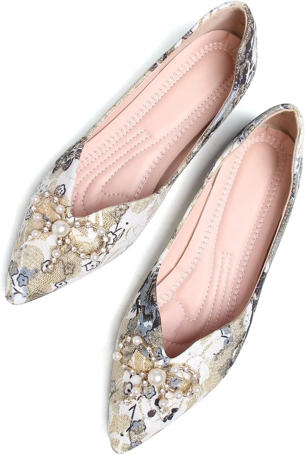 WENJIAZHIZHI Womens Pointed Toe Bow Flats Elegant Floral Print Slip-ons Comfortable Dress Shoes for Party Wedding