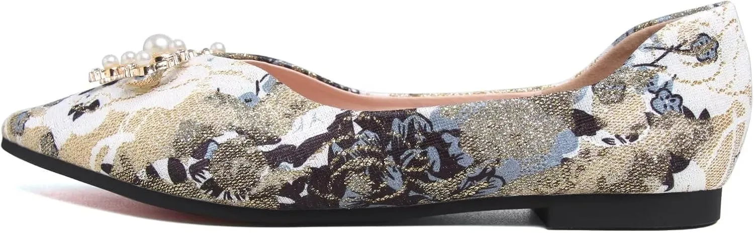 WENJIAZHIZHI Womens Pointed Toe Bow Flats Elegant Floral Print Slip-ons Comfortable Dress Shoes for Party Wedding