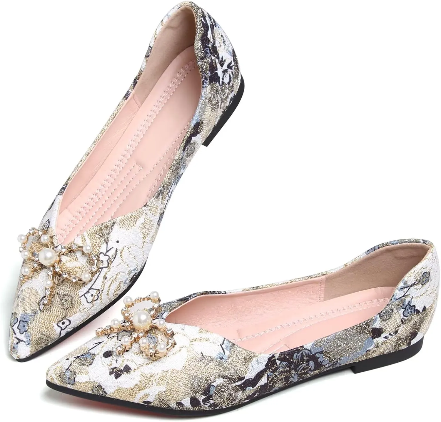 WENJIAZHIZHI Womens Pointed Toe Bow Flats Elegant Floral Print Slip-ons Comfortable Dress Shoes for Party Wedding