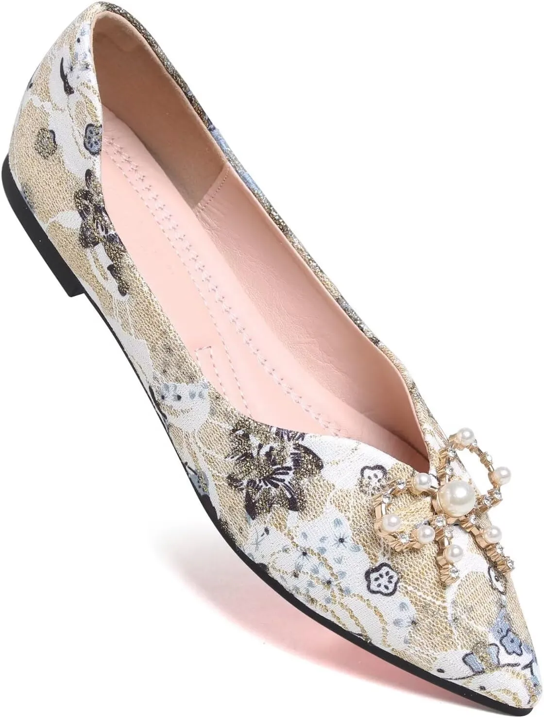 WENJIAZHIZHI Womens Pointed Toe Bow Flats Elegant Floral Print Slip-ons Comfortable Dress Shoes for Party Wedding