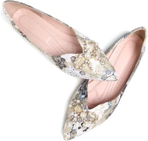 WENJIAZHIZHI Womens Pointed Toe Bow Flats Elegant Floral Print Slip-ons Comfortable Dress Shoes for Party Wedding