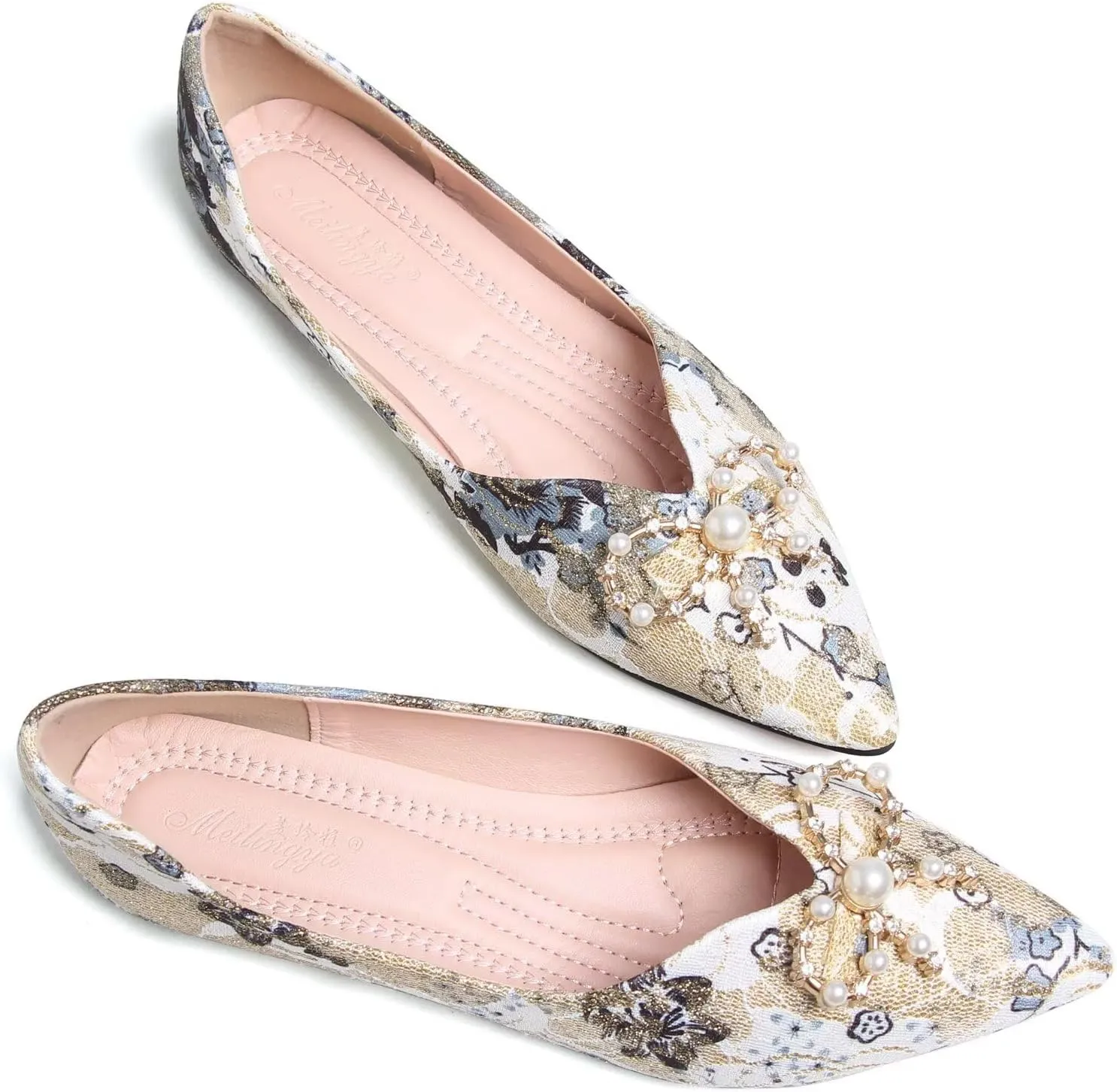 WENJIAZHIZHI Womens Pointed Toe Bow Flats Elegant Floral Print Slip-ons Comfortable Dress Shoes for Party Wedding