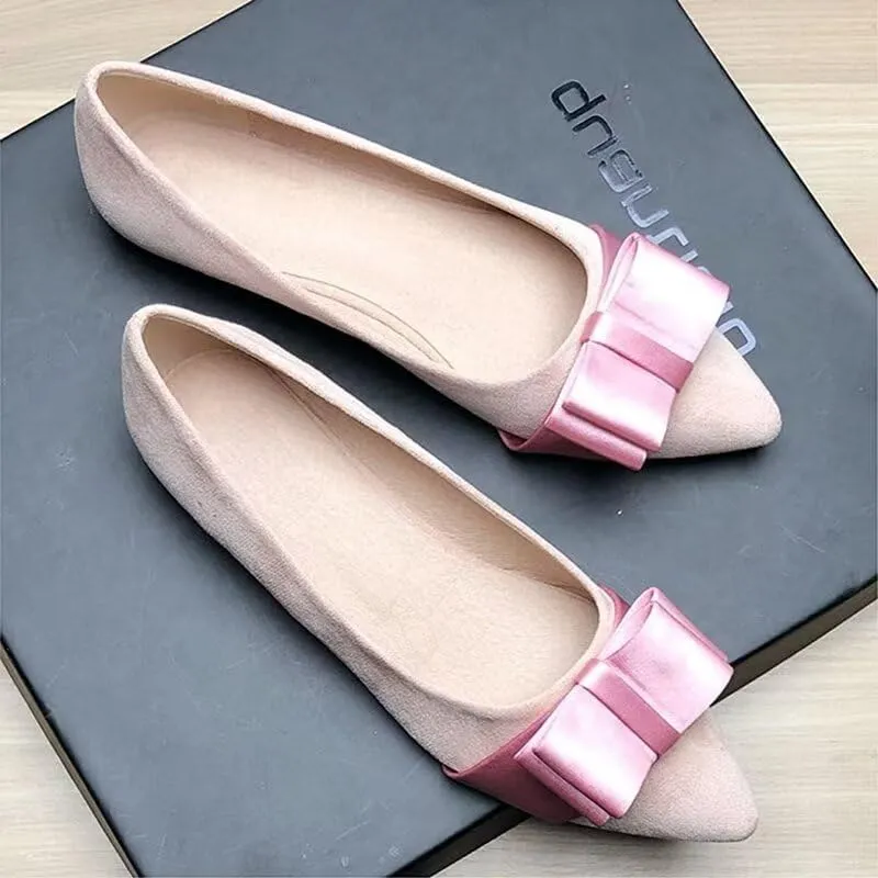 WENJIAZHIZHI Womens Sexy Pointy Toe Flats Shoes Satin Bow-Like Knot Ballerina Shoes Comfortable Office Lady Dress Low-Heel Loafers