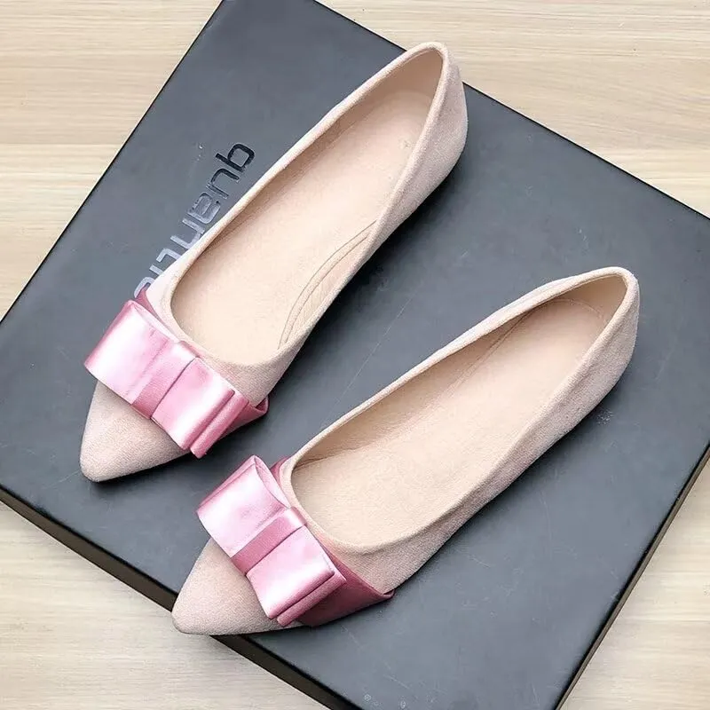 WENJIAZHIZHI Womens Sexy Pointy Toe Flats Shoes Satin Bow-Like Knot Ballerina Shoes Comfortable Office Lady Dress Low-Heel Loafers