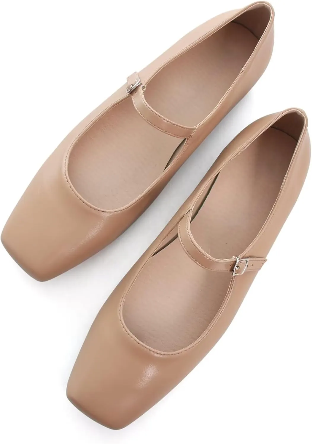 WENJIAZHIZHI Womens Squared Toe Mary Janes Adjustable Buckle Ballet Flats Solid Color Elegant Office Lady Low-Heels Wedding Dressy Shoes