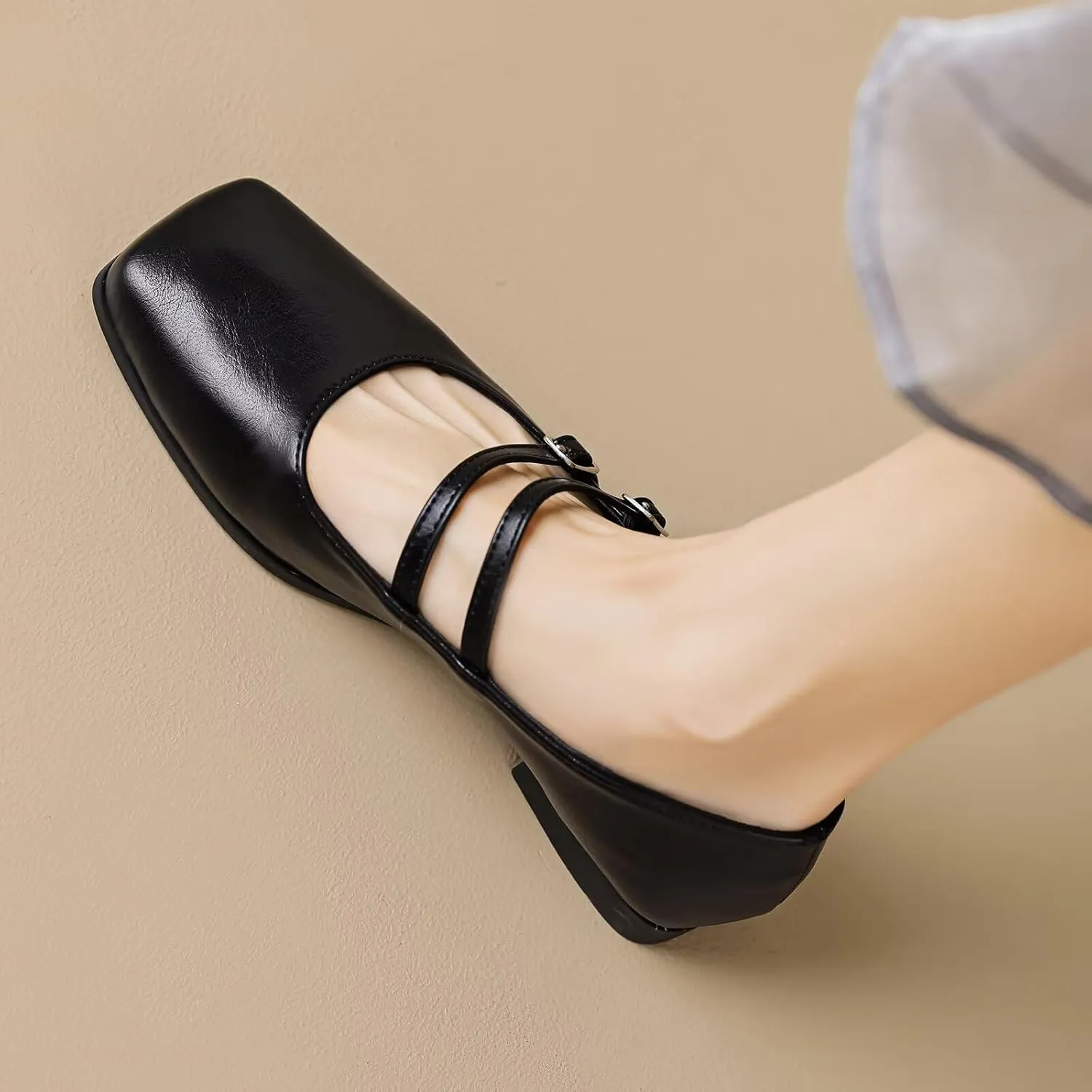 WENJIAZHIZHI Womens Squared Toe Mary Janes Adjustable Buckle Ballet Flats Solid Color Elegant Office Lady Low-Heels Wedding Dressy Shoes