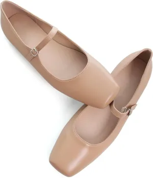 WENJIAZHIZHI Womens Squared Toe Mary Janes Adjustable Buckle Ballet Flats Solid Color Elegant Office Lady Low-Heels Wedding Dressy Shoes