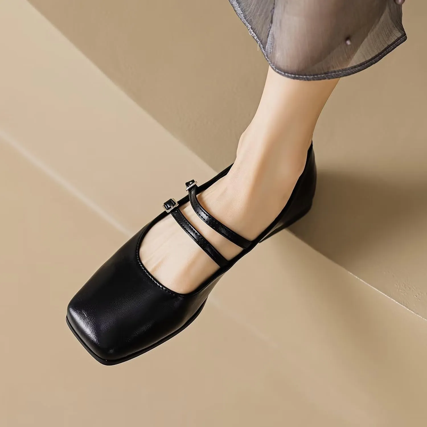 WENJIAZHIZHI Womens Squared Toe Mary Janes Adjustable Buckle Ballet Flats Solid Color Elegant Office Lady Low-Heels Wedding Dressy Shoes
