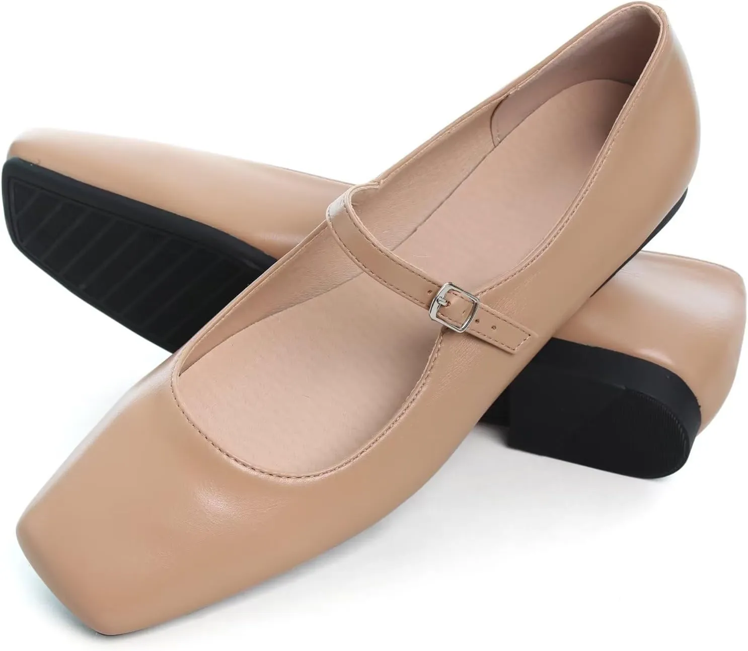 WENJIAZHIZHI Womens Squared Toe Mary Janes Adjustable Buckle Ballet Flats Solid Color Elegant Office Lady Low-Heels Wedding Dressy Shoes