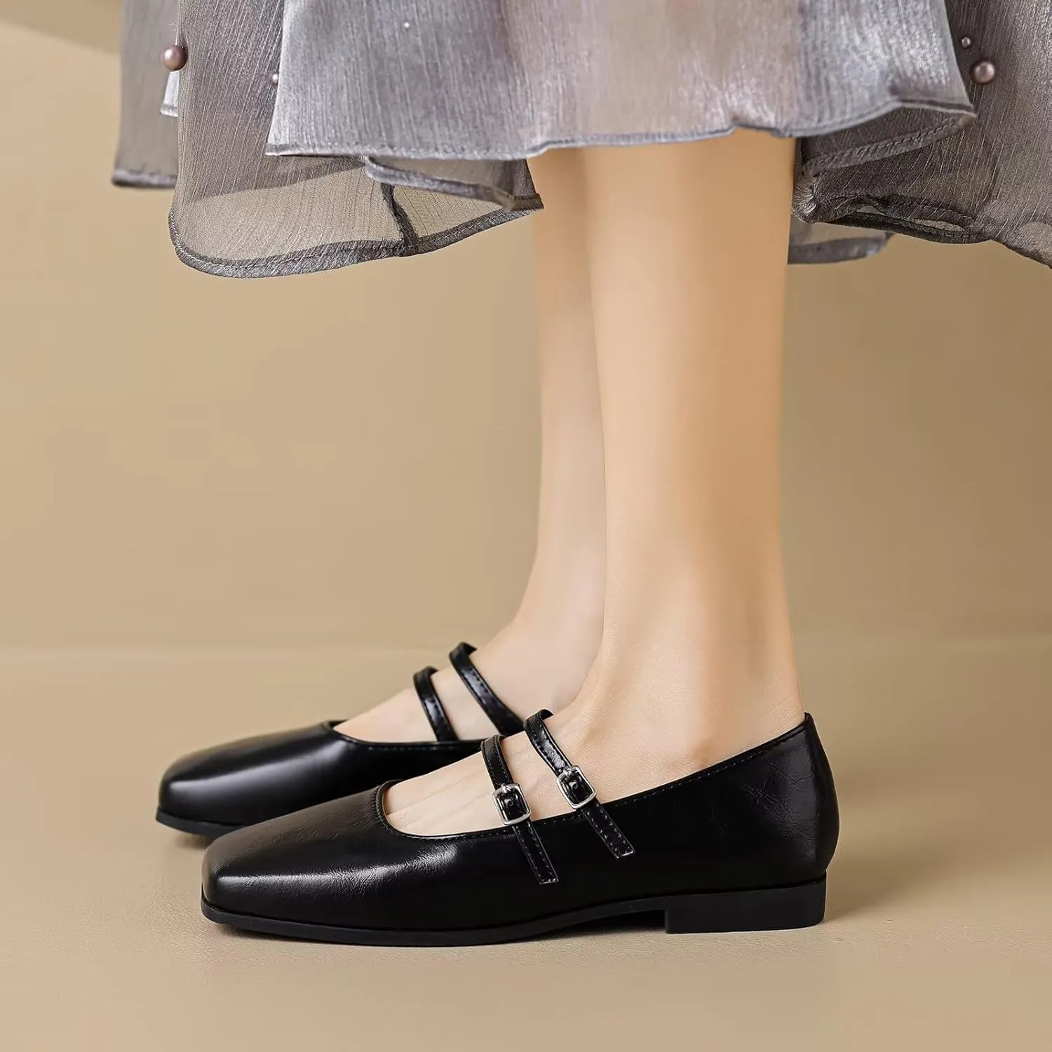 WENJIAZHIZHI Womens Squared Toe Mary Janes Adjustable Buckle Ballet Flats Solid Color Elegant Office Lady Low-Heels Wedding Dressy Shoes