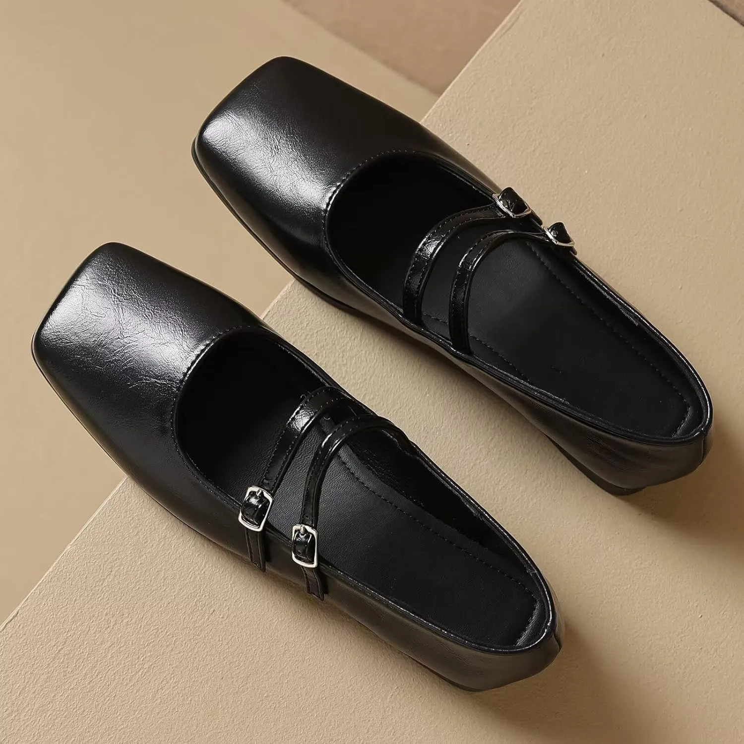 WENJIAZHIZHI Womens Squared Toe Mary Janes Adjustable Buckle Ballet Flats Solid Color Elegant Office Lady Low-Heels Wedding Dressy Shoes