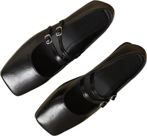 WENJIAZHIZHI Womens Squared Toe Mary Janes Adjustable Buckle Ballet Flats Solid Color Elegant Office Lady Low-Heels Wedding Dressy Shoes