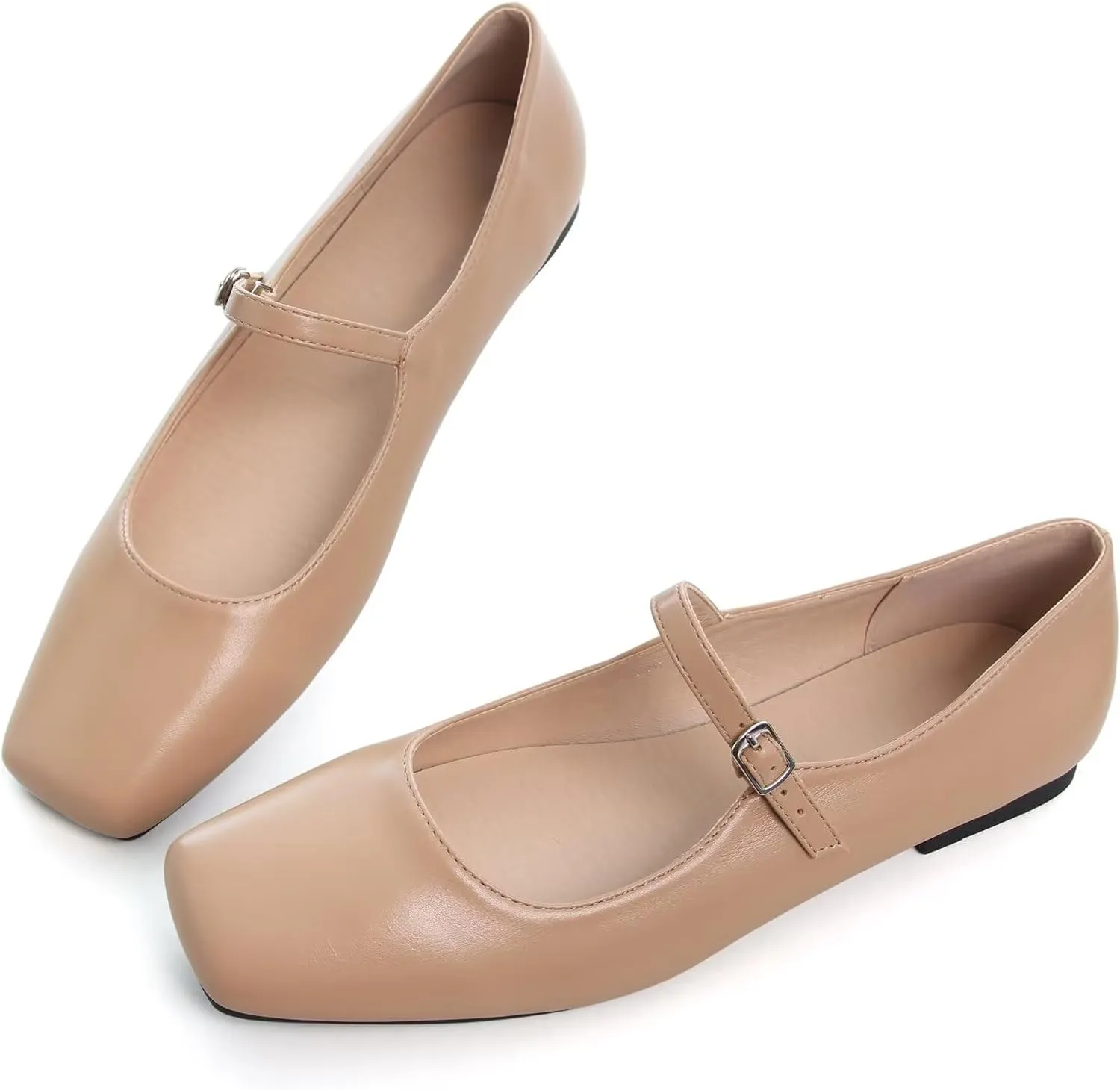 WENJIAZHIZHI Womens Squared Toe Mary Janes Adjustable Buckle Ballet Flats Solid Color Elegant Office Lady Low-Heels Wedding Dressy Shoes
