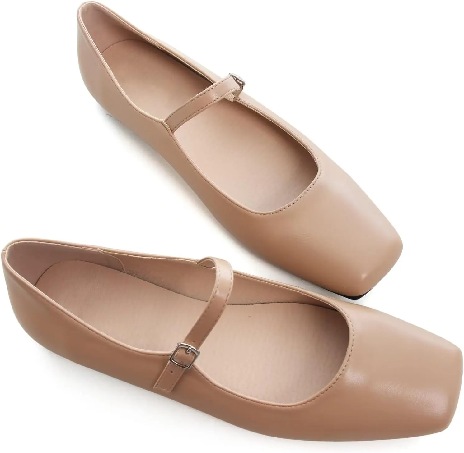 WENJIAZHIZHI Womens Squared Toe Mary Janes Adjustable Buckle Ballet Flats Solid Color Elegant Office Lady Low-Heels Wedding Dressy Shoes