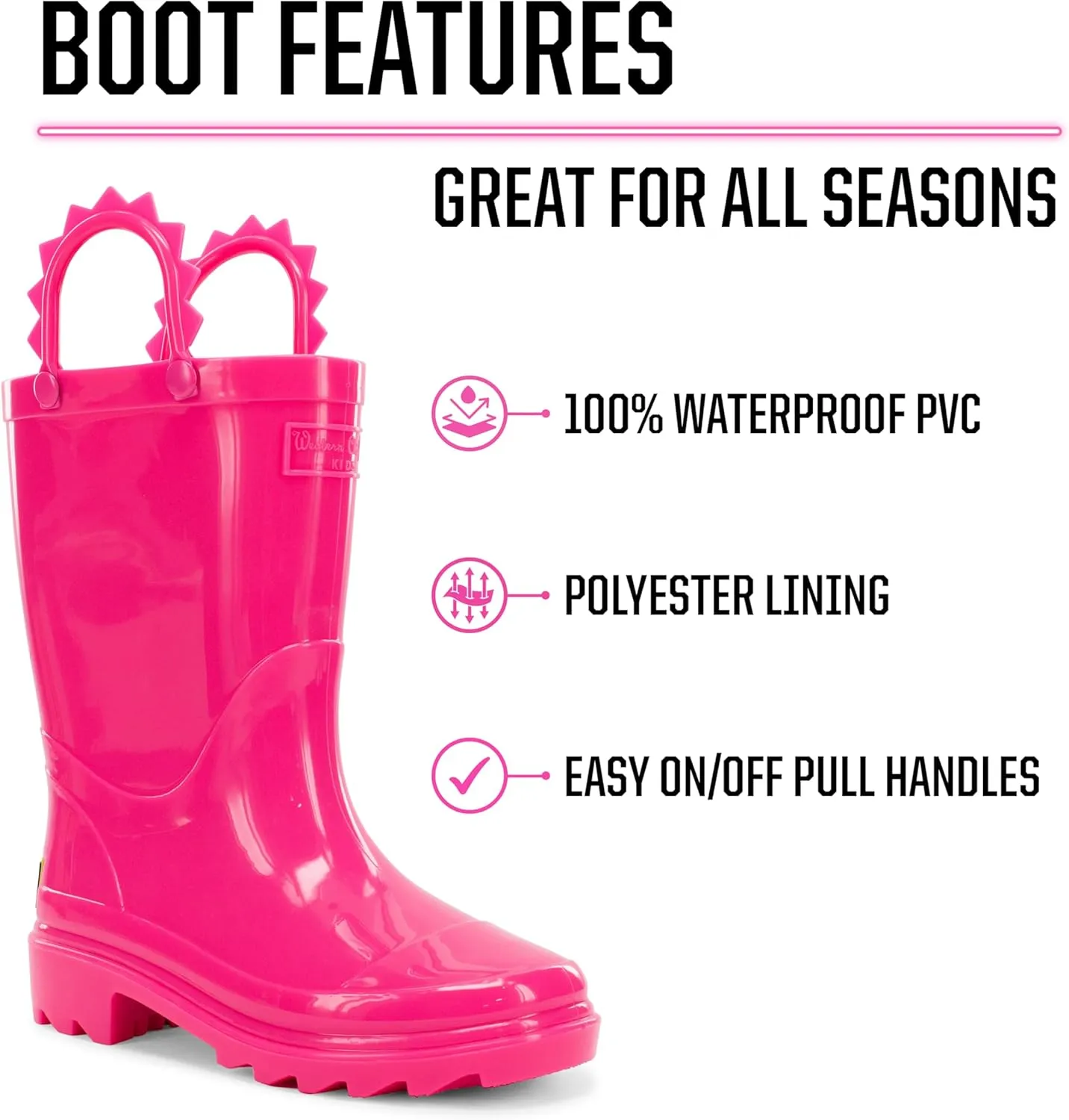 Western Chief Kids Waterproof Neon Rain Boots with Pull-On Handles and Traction Outsole