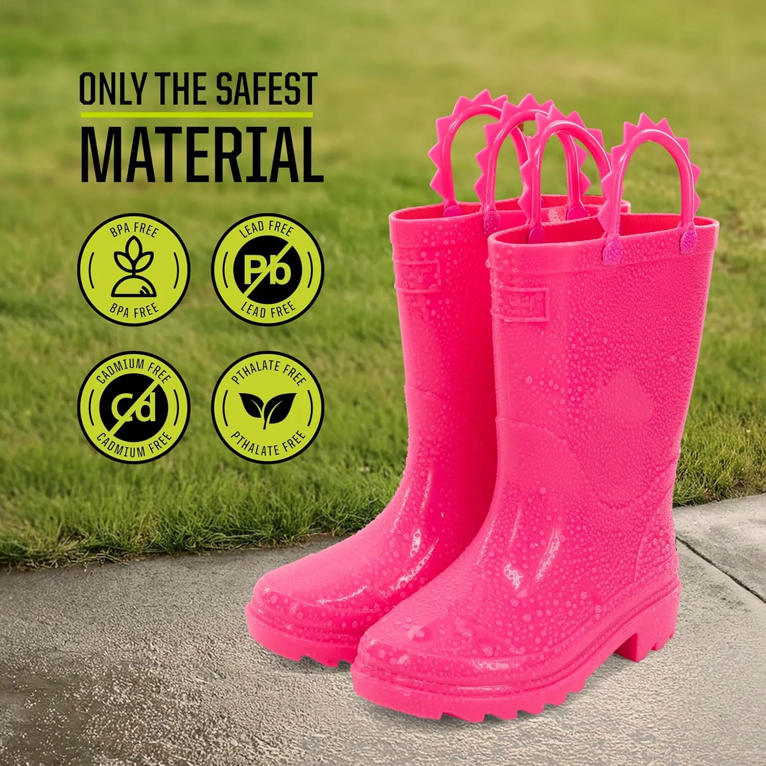 Western Chief Kids Waterproof Neon Rain Boots with Pull-On Handles and Traction Outsole