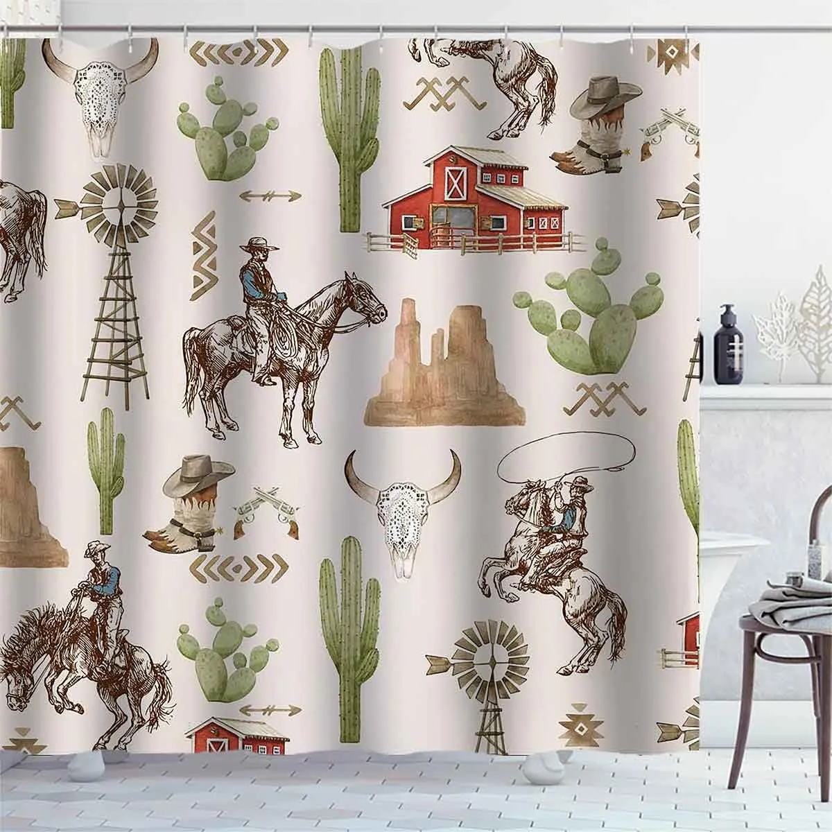 Western Cowboy Shower Curtain, Cowboy Riding Horse Hat Boots Cactus Windmill Red Barn Mountain Cow Skull Rodeo Wild West Bathroom Decor, Waterproof Fabric Beige Shower Curtain, 72 X 72 Inch