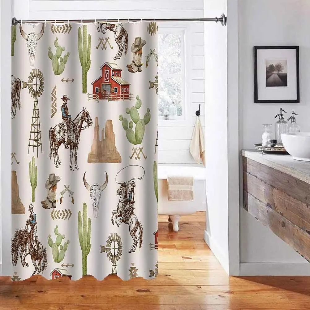 Western Cowboy Shower Curtain, Cowboy Riding Horse Hat Boots Cactus Windmill Red Barn Mountain Cow Skull Rodeo Wild West Bathroom Decor, Waterproof Fabric Beige Shower Curtain, 72 X 72 Inch