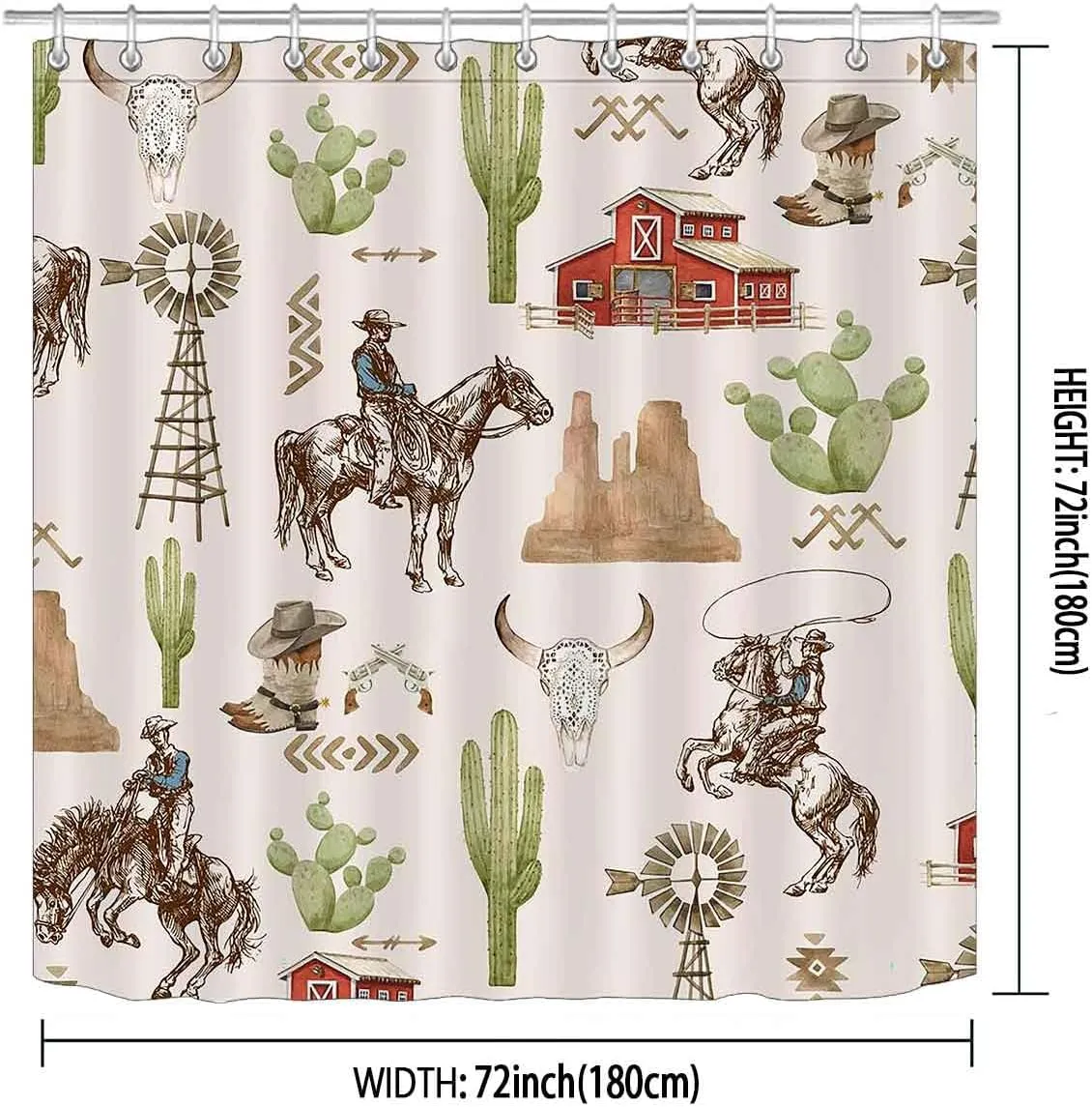 Western Cowboy Shower Curtain, Cowboy Riding Horse Hat Boots Cactus Windmill Red Barn Mountain Cow Skull Rodeo Wild West Bathroom Decor, Waterproof Fabric Beige Shower Curtain, 72 X 72 Inch