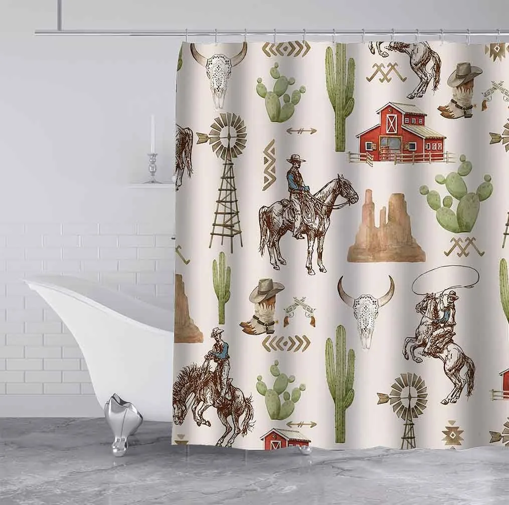 Western Cowboy Shower Curtain, Cowboy Riding Horse Hat Boots Cactus Windmill Red Barn Mountain Cow Skull Rodeo Wild West Bathroom Decor, Waterproof Fabric Beige Shower Curtain, 72 X 72 Inch