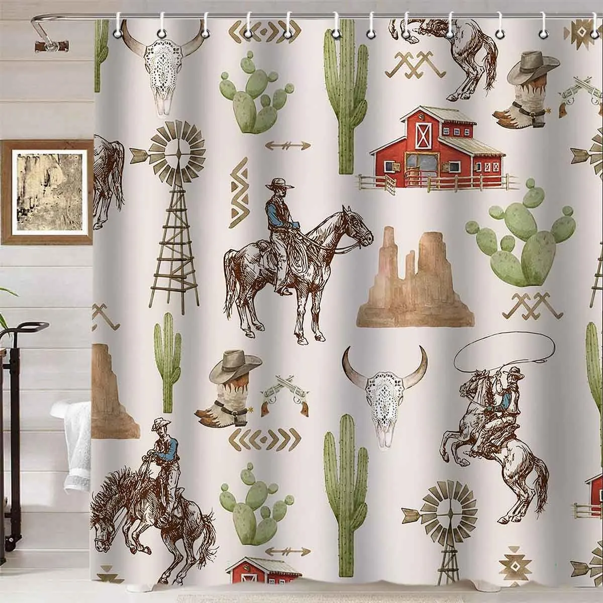 Western Cowboy Shower Curtain, Cowboy Riding Horse Hat Boots Cactus Windmill Red Barn Mountain Cow Skull Rodeo Wild West Bathroom Decor, Waterproof Fabric Beige Shower Curtain, 72 X 72 Inch