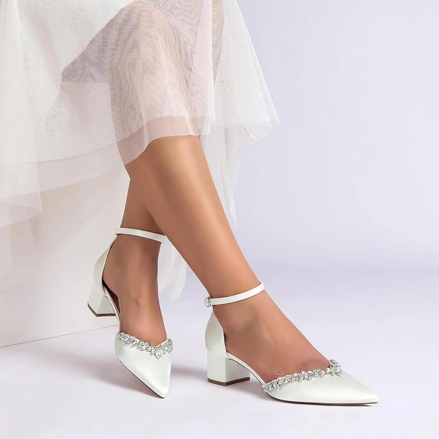 Women Block Heel Wedding Shoes for Bride Pointed Toe Sandals Satin Rhinestones Ankle Strap Dresses Pumps