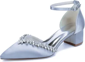 Women Block Heel Wedding Shoes for Bride Pointed Toe Sandals Satin Rhinestones Ankle Strap Dresses Pumps