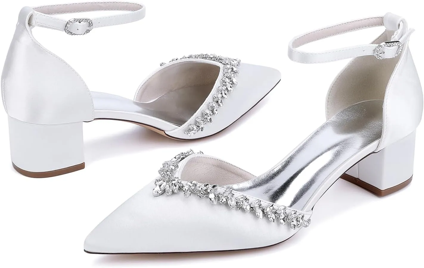 Women Block Heel Wedding Shoes for Bride Pointed Toe Sandals Satin Rhinestones Ankle Strap Dresses Pumps