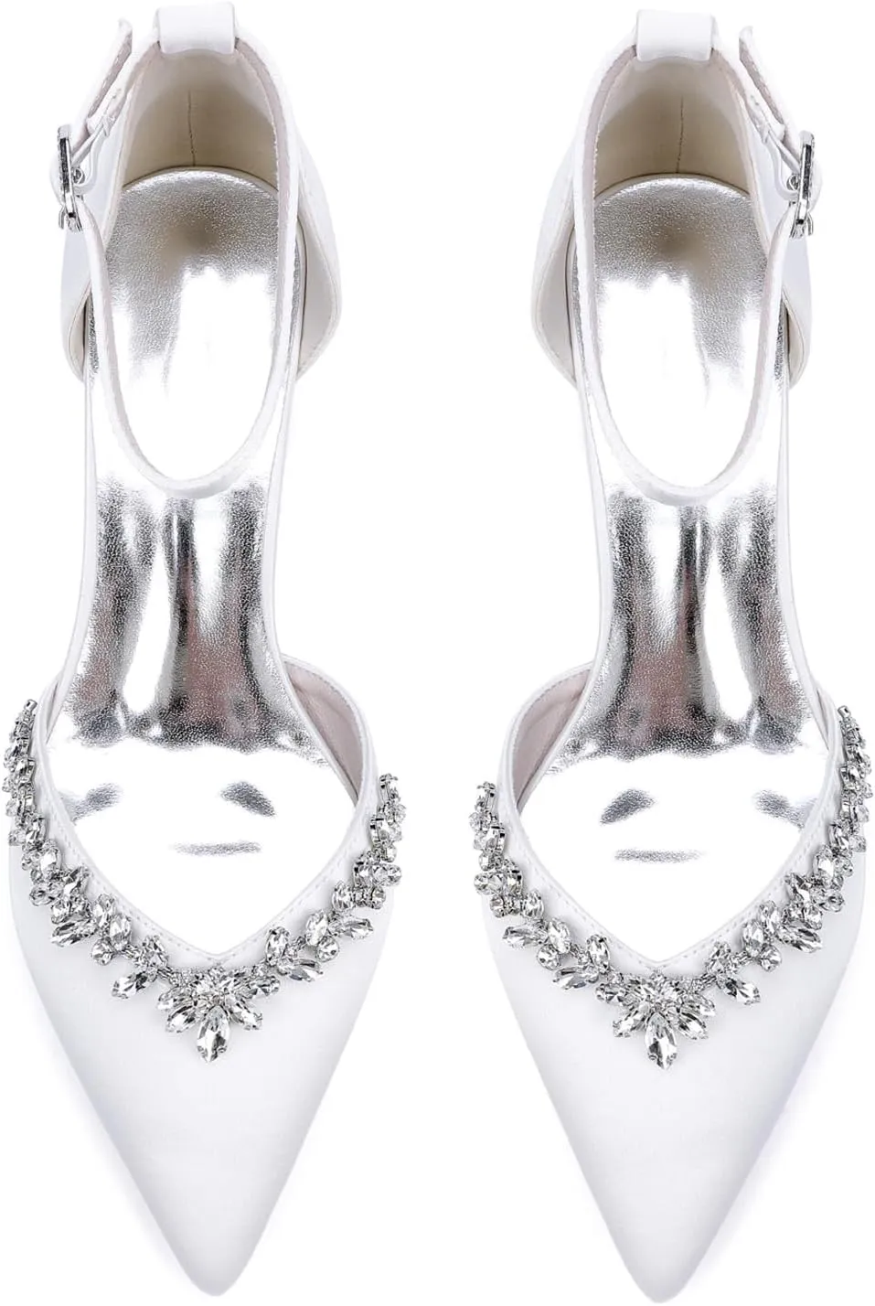 Women Block Heel Wedding Shoes for Bride Pointed Toe Sandals Satin Rhinestones Ankle Strap Dresses Pumps