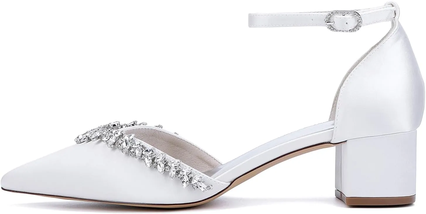 Women Block Heel Wedding Shoes for Bride Pointed Toe Sandals Satin Rhinestones Ankle Strap Dresses Pumps