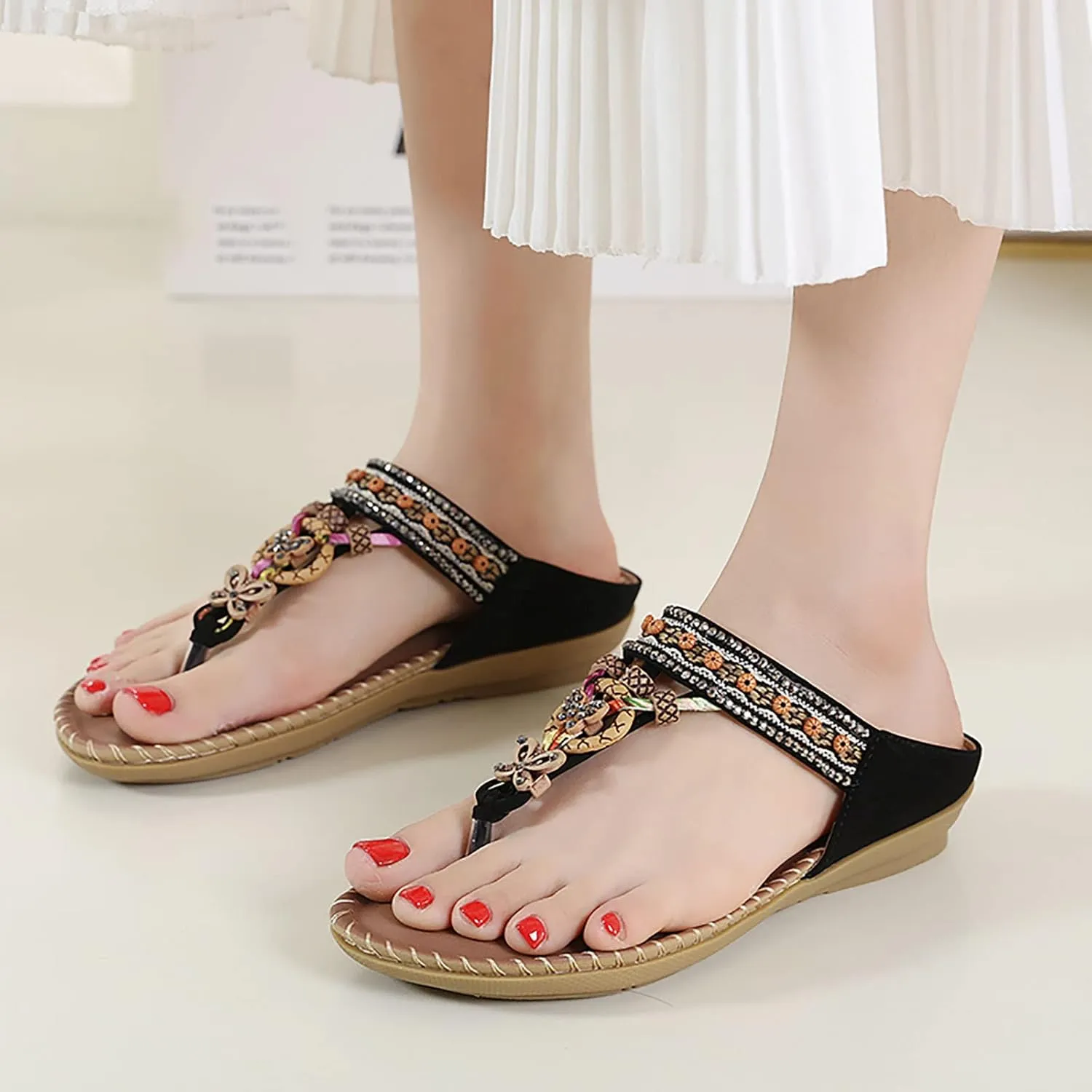 Women Bohemia Sandal Clip Toe T-Strap Flip Flops Slingback Beach Braided Slip On Slides Flowers Casual Shoes