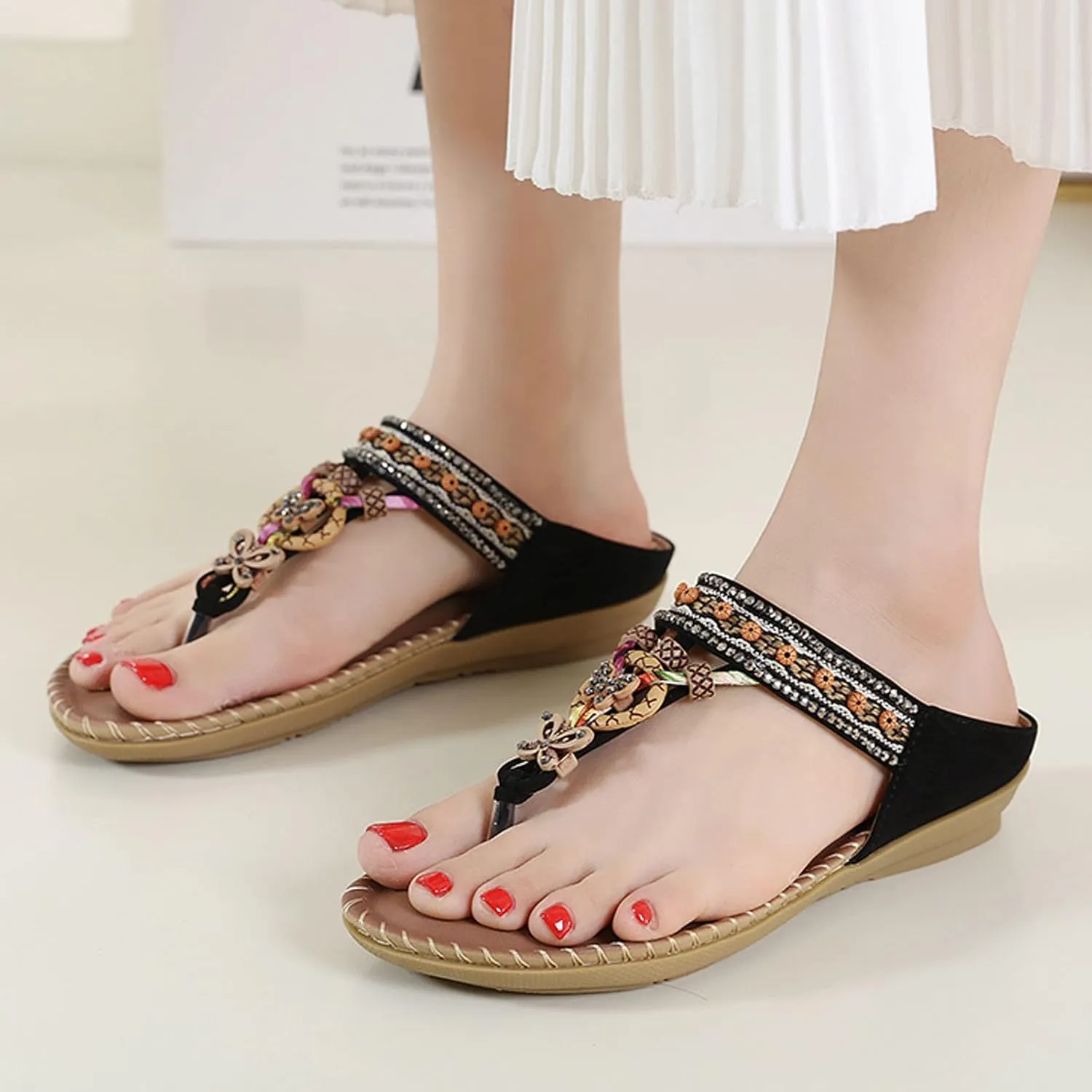 Women Bohemia Sandal Clip Toe T-Strap Flip Flops Slingback Beach Braided Slip On Slides Flowers Casual Shoes
