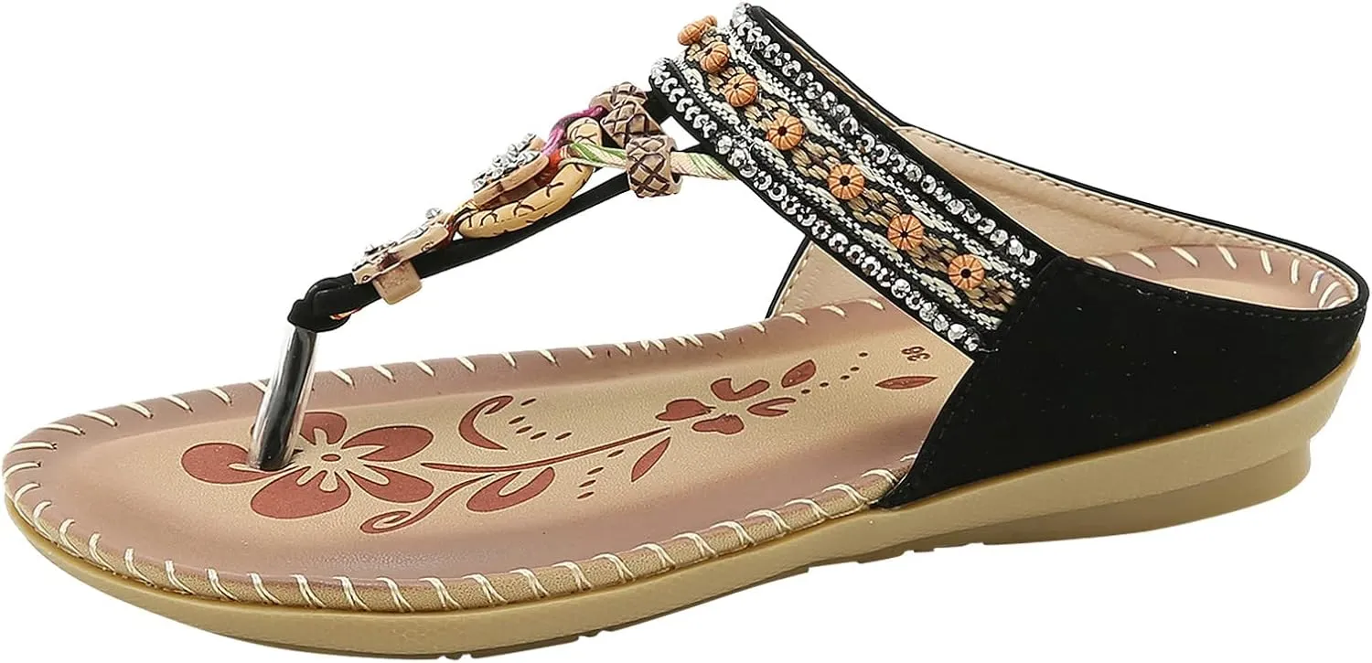 Women Bohemia Sandal Clip Toe T-Strap Flip Flops Slingback Beach Braided Slip On Slides Flowers Casual Shoes