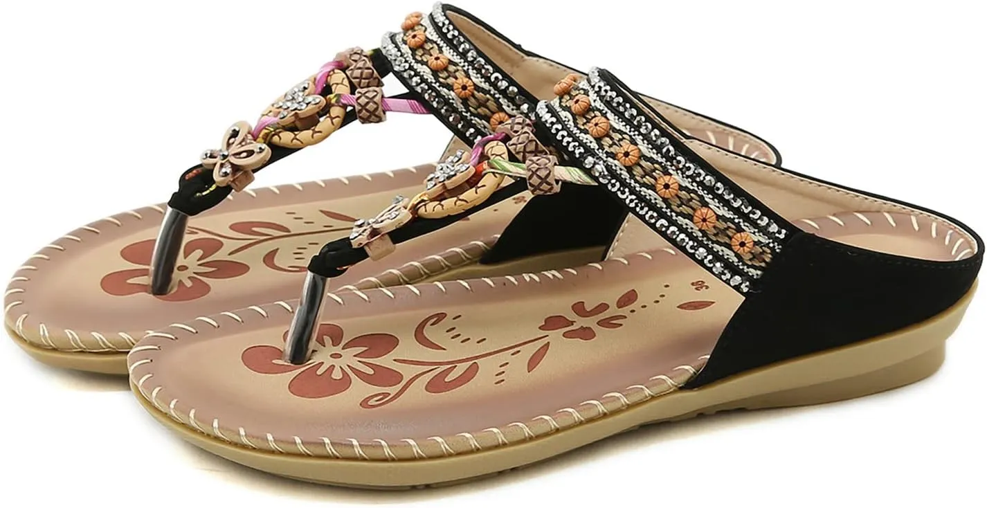 Women Bohemia Sandal Clip Toe T-Strap Flip Flops Slingback Beach Braided Slip On Slides Flowers Casual Shoes