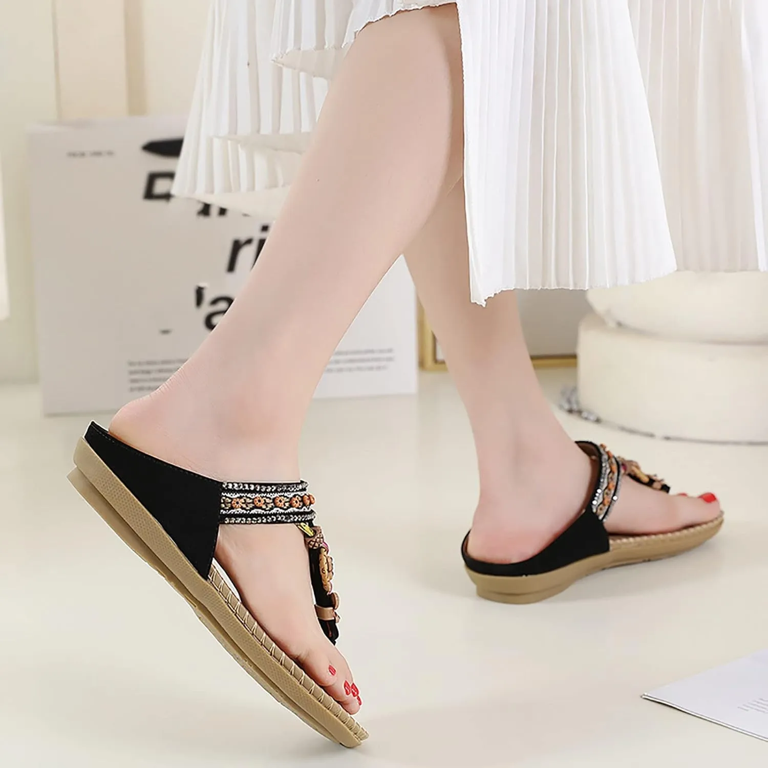 Women Bohemia Sandal Clip Toe T-Strap Flip Flops Slingback Beach Braided Slip On Slides Flowers Casual Shoes
