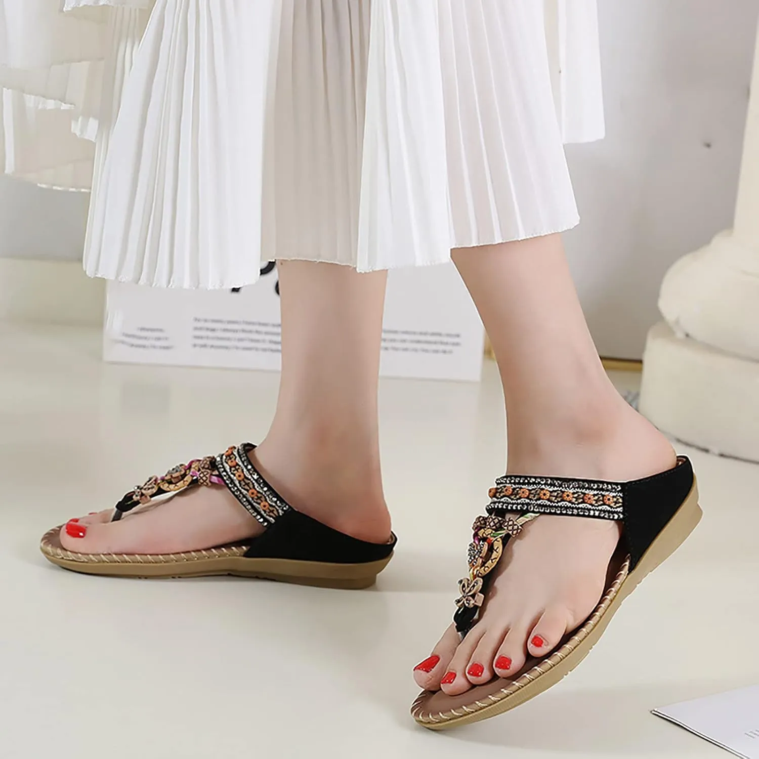 Women Bohemia Sandal Clip Toe T-Strap Flip Flops Slingback Beach Braided Slip On Slides Flowers Casual Shoes