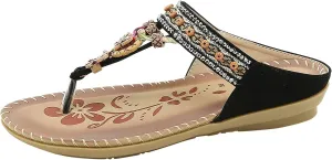 Women Bohemia Sandal Clip Toe T-Strap Flip Flops Slingback Beach Braided Slip On Slides Flowers Casual Shoes