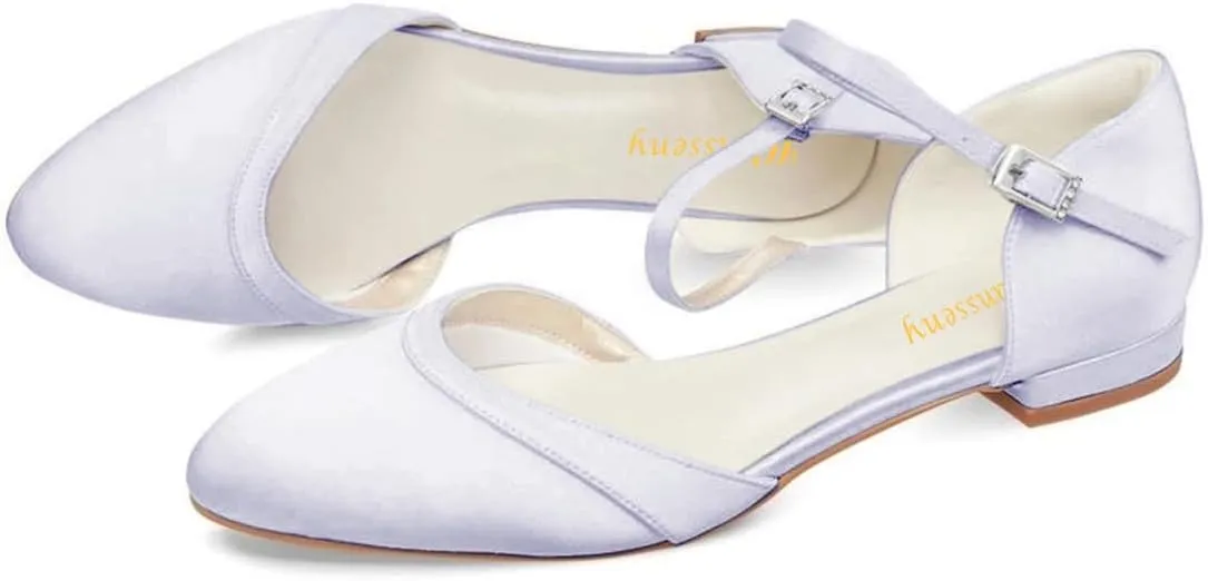 Women Lovely Almond Toe Ankle Strap Buckle Satin Flats Comfortable Insole Party Event Casual Dress Shoes Size 4-16 US