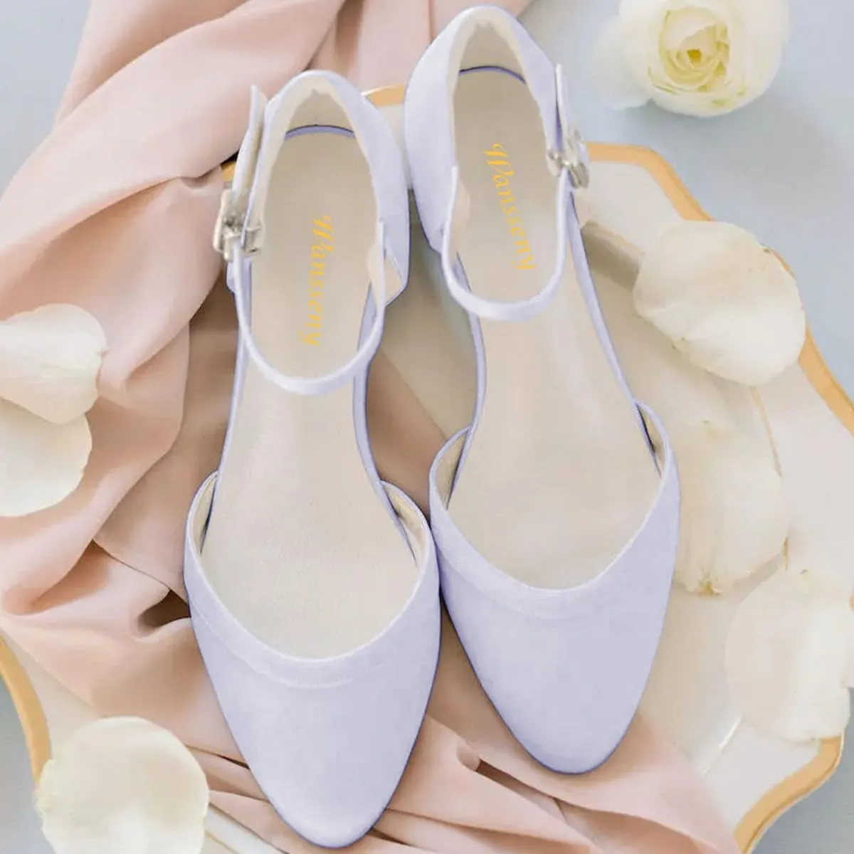 Women Lovely Almond Toe Ankle Strap Buckle Satin Flats Comfortable Insole Party Event Casual Dress Shoes Size 4-16 US