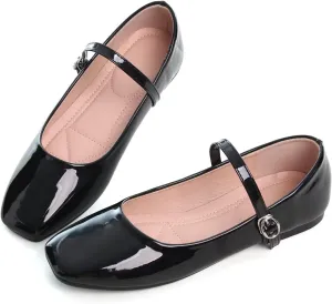 Women Mary Jane Candy Color Flats Adjustable Ankle Strap Comfortable Square Toe Pu Leather Ballet Dance Shoes Low Heel Office Party Dress Shoes