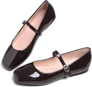 Women Mary Jane Candy Color Flats Adjustable Ankle Strap Comfortable Square Toe Pu Leather Ballet Dance Shoes Low Heel Office Party Dress Shoes